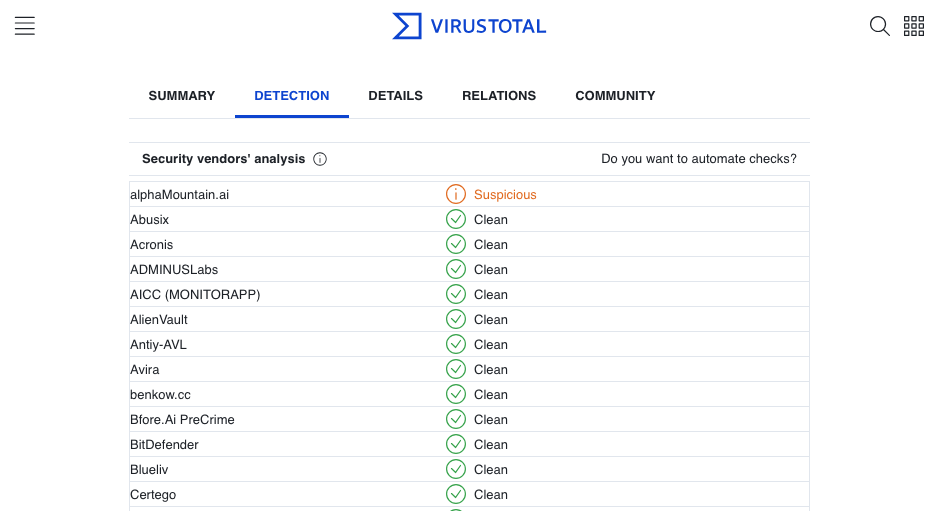 Example of VirusTotal search results