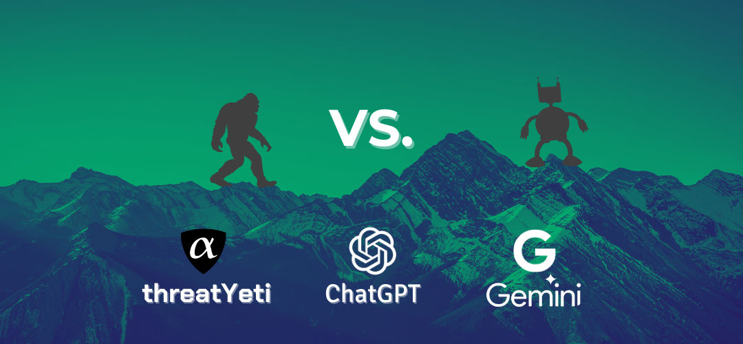 threatyeti logo, chatgpt logo, gemini logo against a mountain backdrop and the silhouettes of a yeti and robot