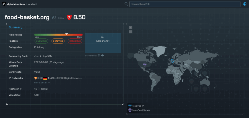 Screenshot of threatYeti showing 8.5 threat rating for food-basket.org