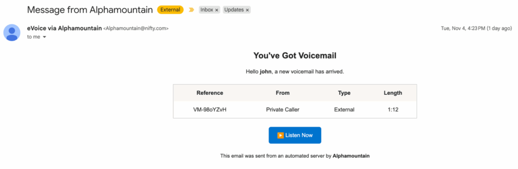 Screenshot of a phishing email indicating a waiting voicemail