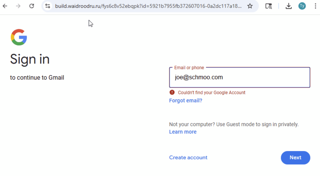 Phishing page with Google Gmail account credential harvesting