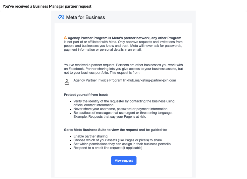 Fake Meta Business Manager partner request email from Agency Partner Invoice Program