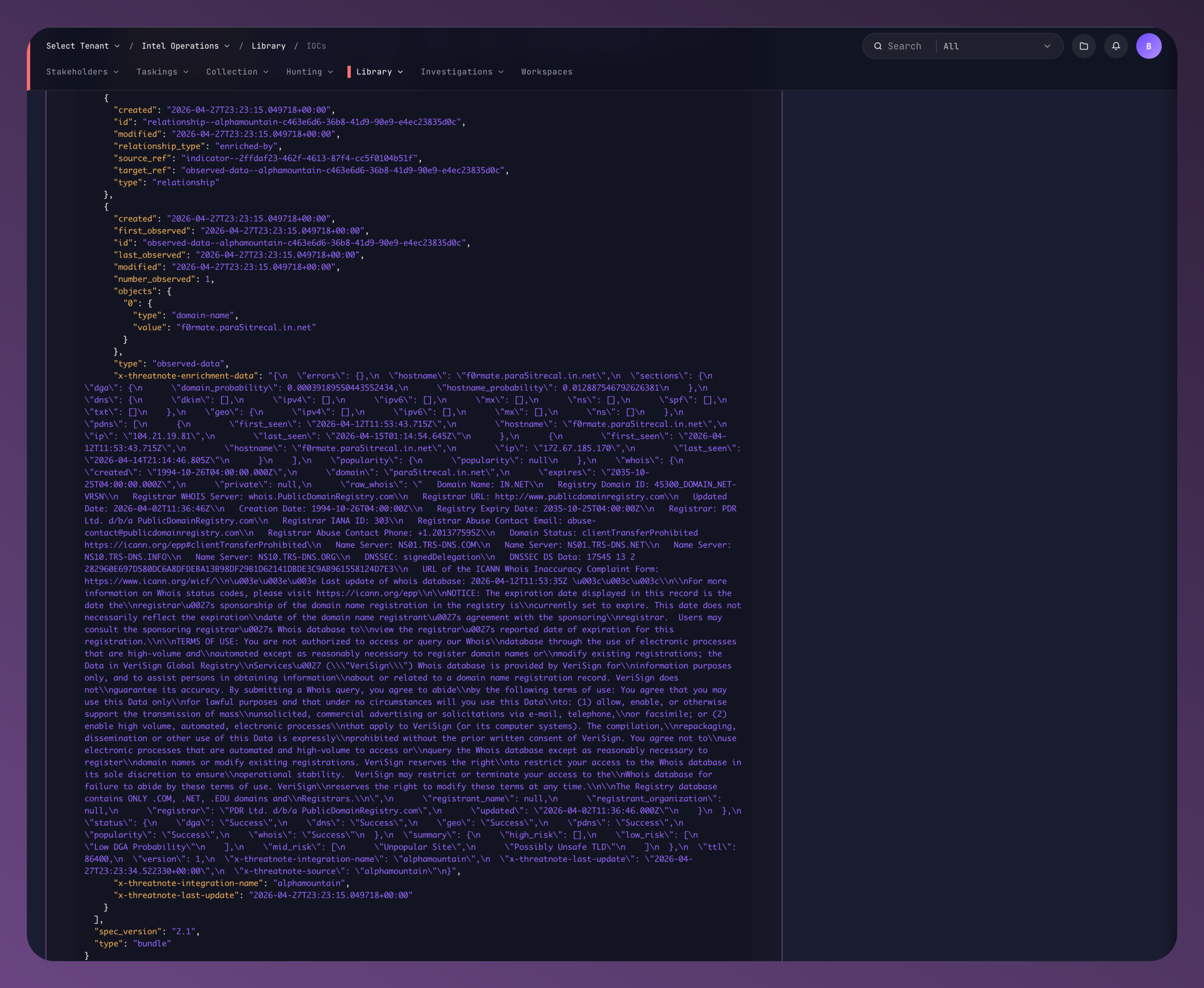 Threatnote IOC detail view showing alphaMountain Intelligence tab with DGA probability, risk summary, DNS, passive DNS, and WHOIS enrichment data