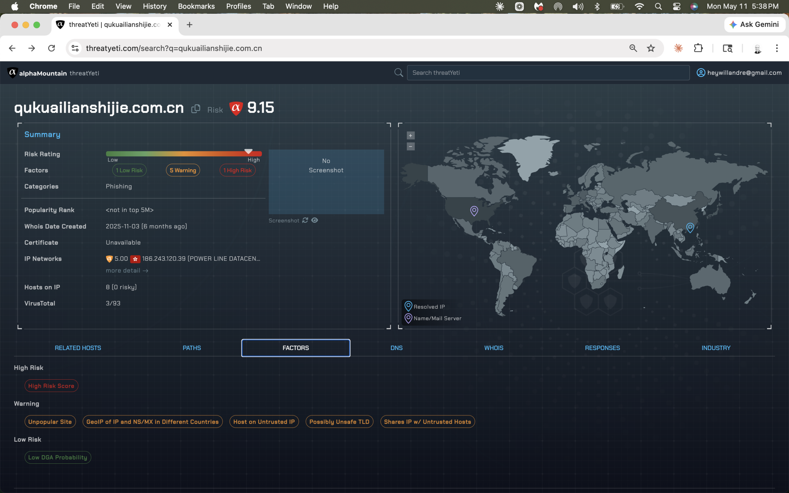 alphaMountain threatYeti showing qukuailianshijie.com.cn with a risk score of 9.15 and Phishing category